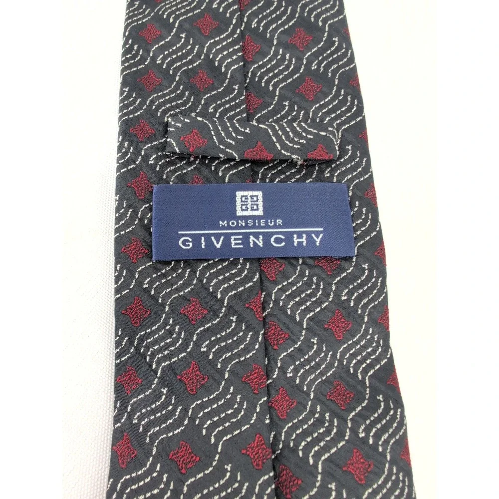 Monsieur Givenchy Necktie Navy Blue Vintage Silk Geometric Wavy Pattern Tie